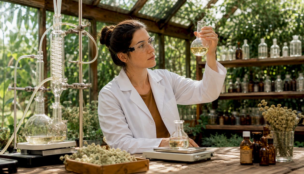Scientist inspecting Achillea essential oil extraction