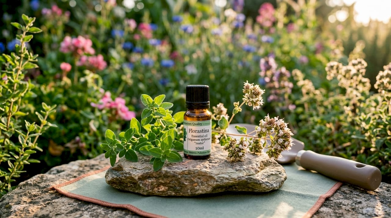 Amber bottle of Origanum syriacum essential oil with fresh oregano