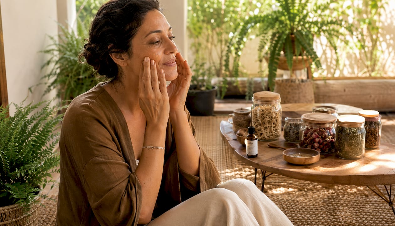 Woman applying Pistacia palaestina seed oil to face
