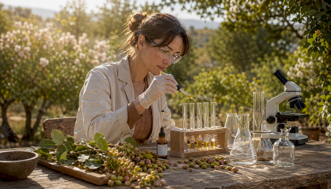 Scientist analyzing Pistacia palaestina seed oil compound