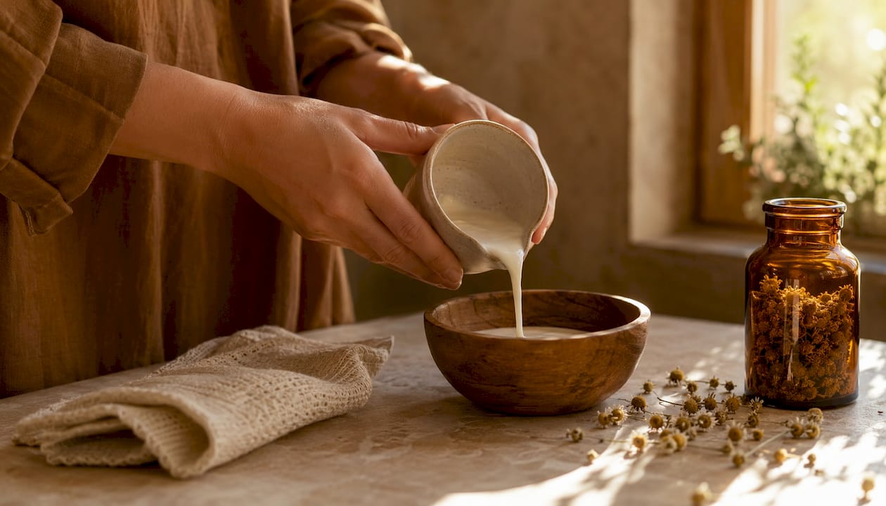 Close-up of hands with cream cleanser and botanicals