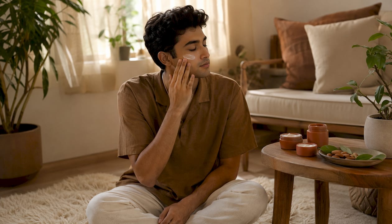 Man applying moisturizer in serene skincare setting