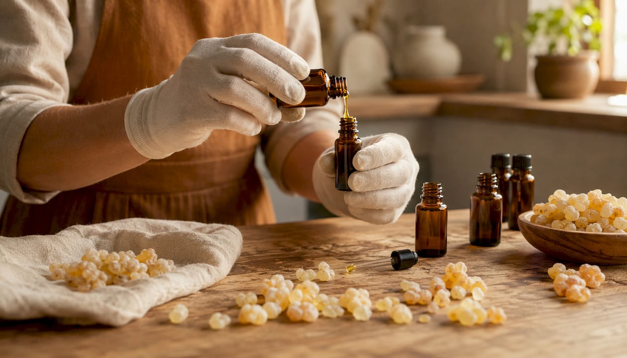 Artisan filling frankincense essential oil bottles