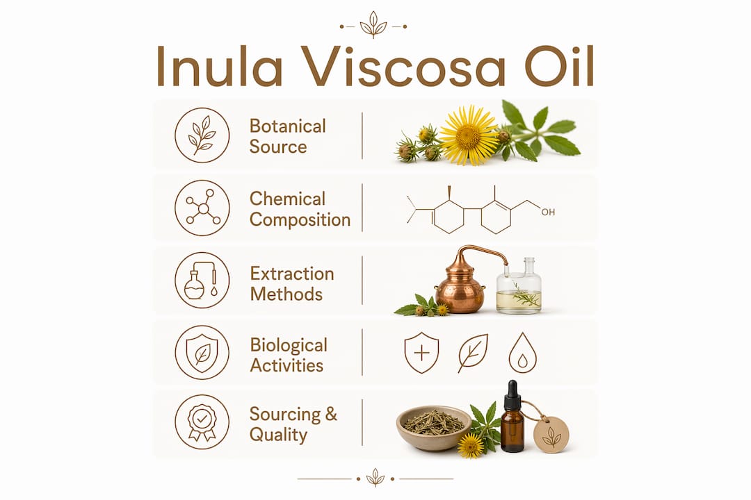 Infographic overview of Inula viscosa essential oil