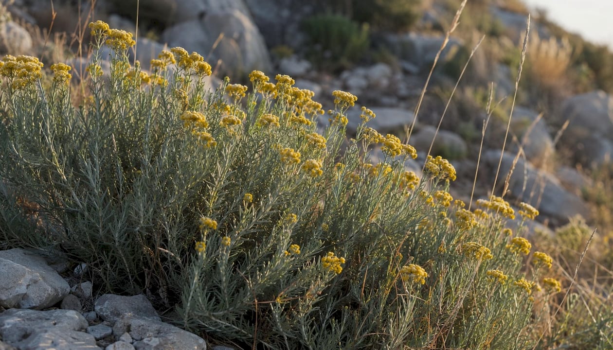 Close-up of Helichrysum italicum flowers in nature