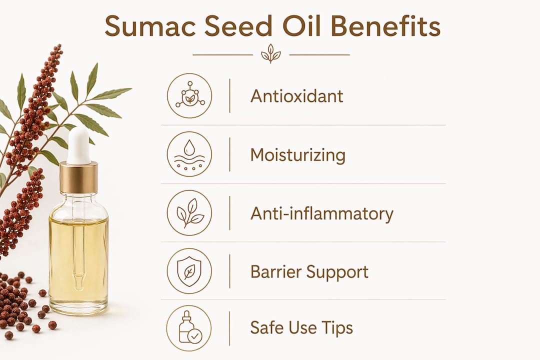 Infographic showing key benefits and use tips for sumac seed oil