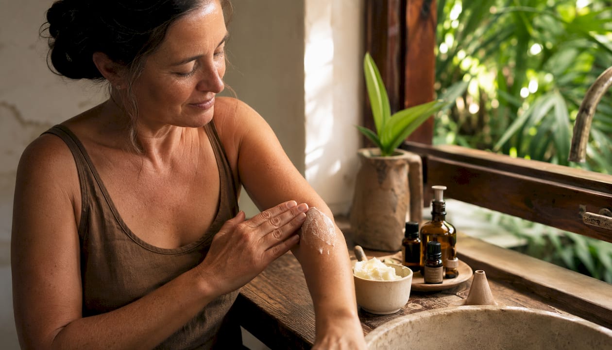 Woman applying essential oils soothing cream on forearm