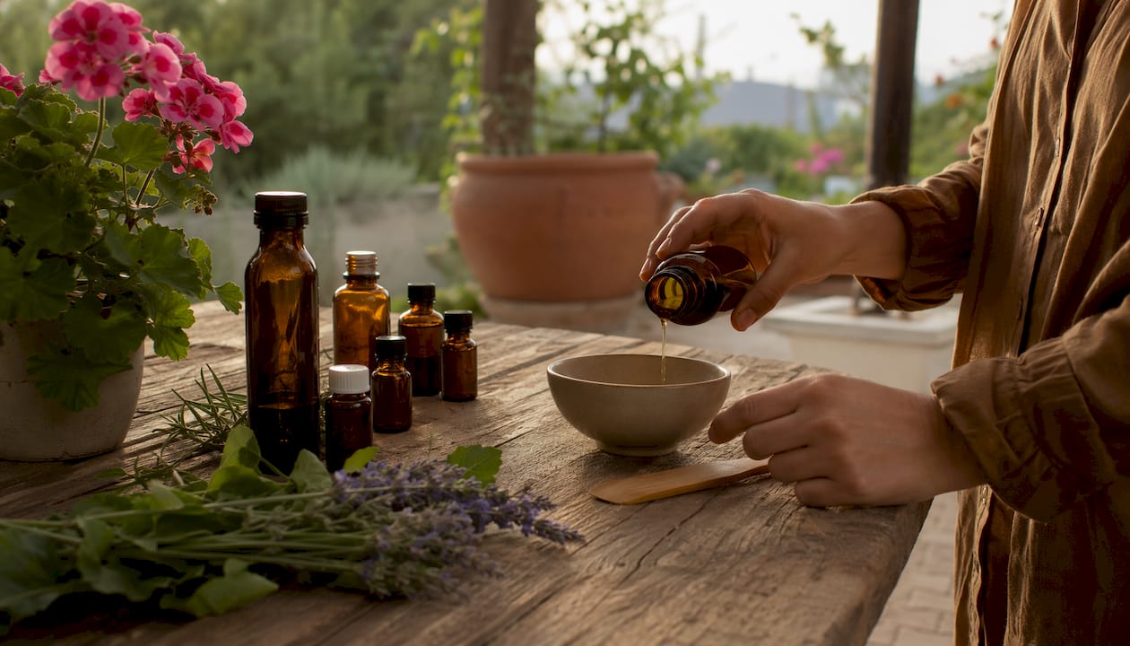 Hands mixing carrier and essential oils with botanicals