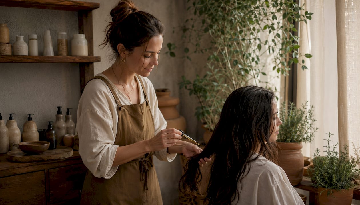 Cosmetologist applying botanical hair oil on client