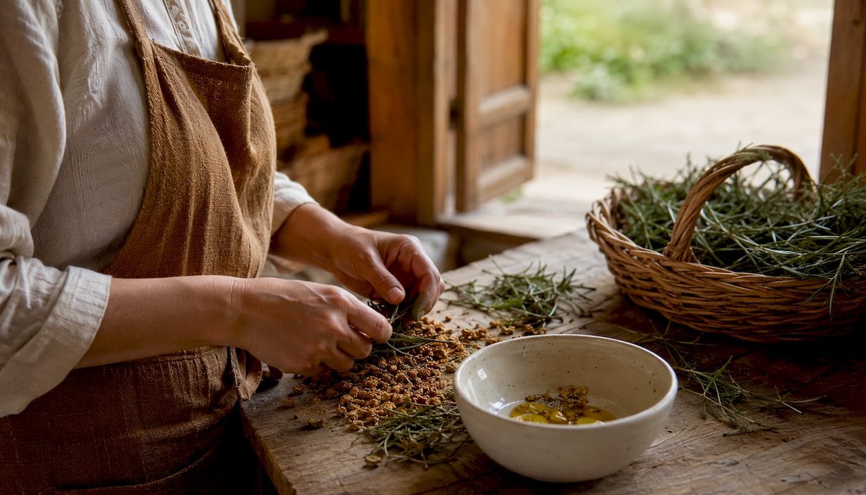 Hands examining Barbary Fig seeds and rosemary herbs