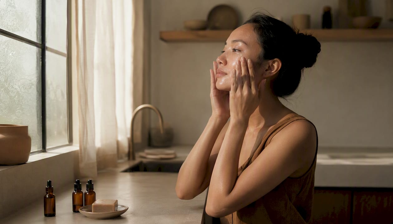 Woman applying oil cleanser to face in bathroom