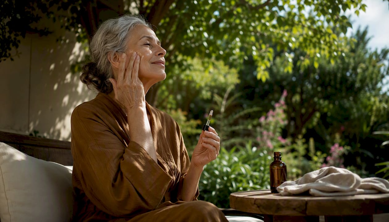 Mature woman applying rosehip seed oil