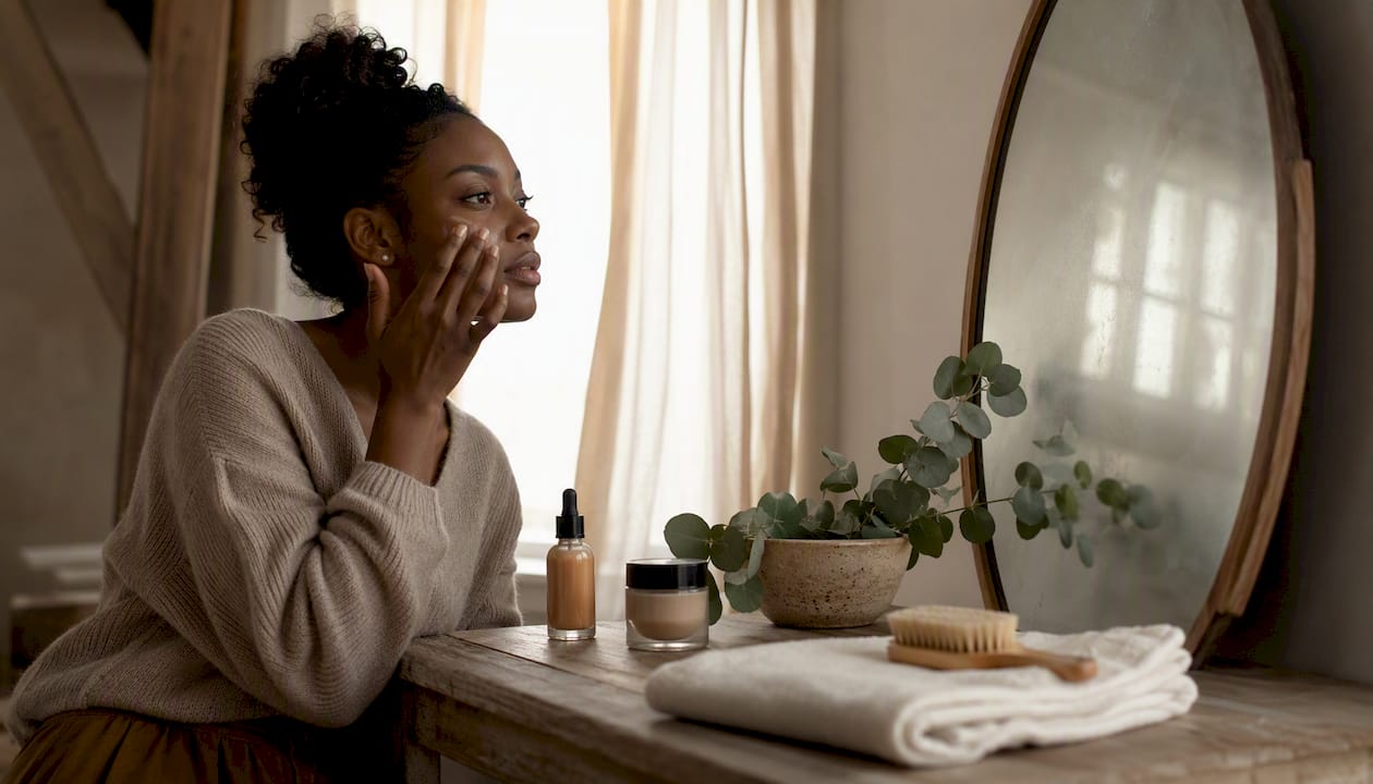 Woman applying clean tinted serum foundation in bedroom