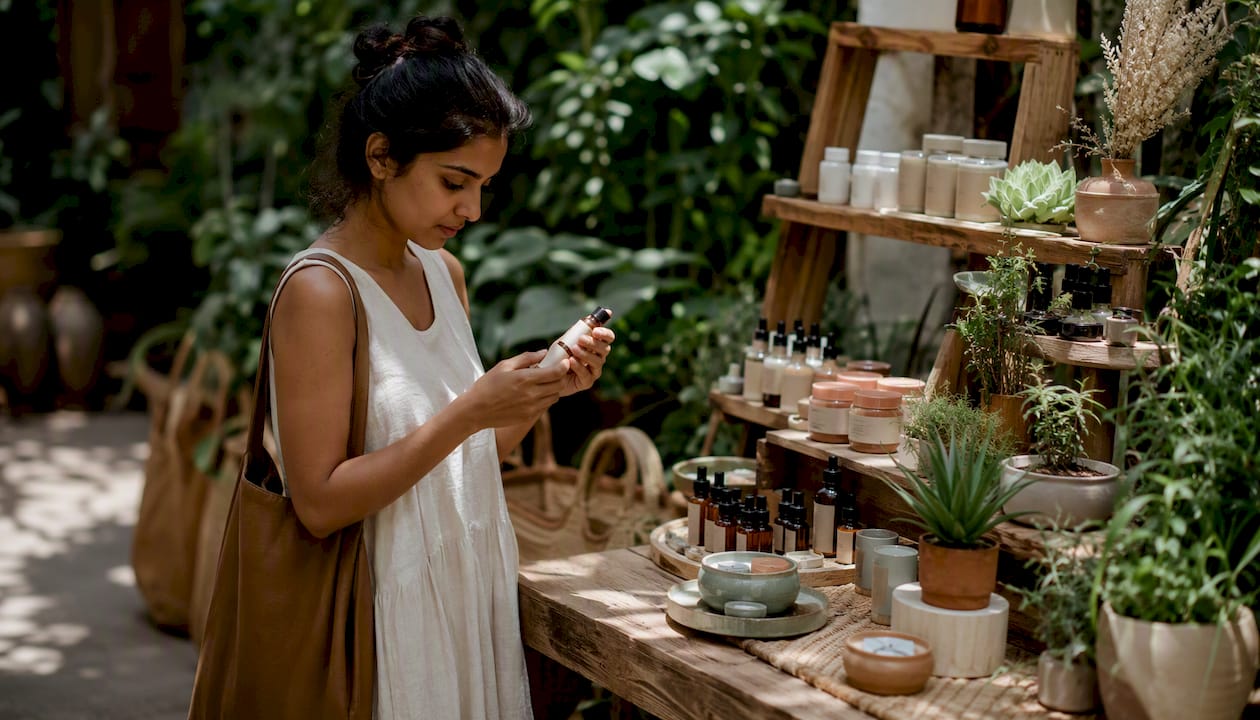 Woman shopping clean beauty products in boutique