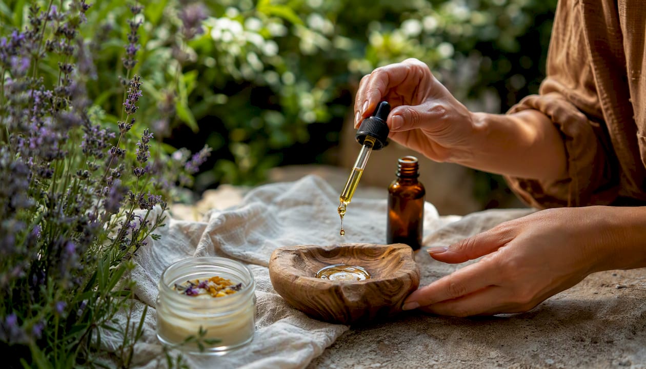 Hands pouring artisanal skincare oil at home