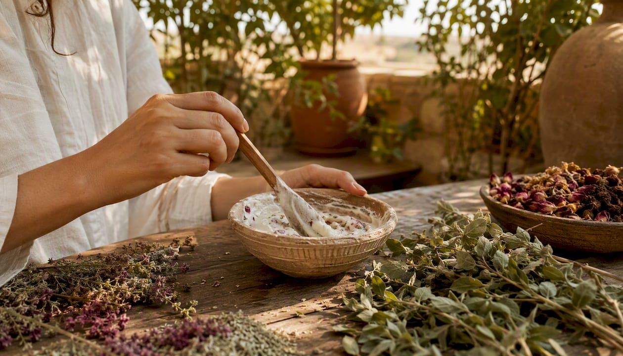 Hands mixing natural skincare cream with Palestinian botanicals