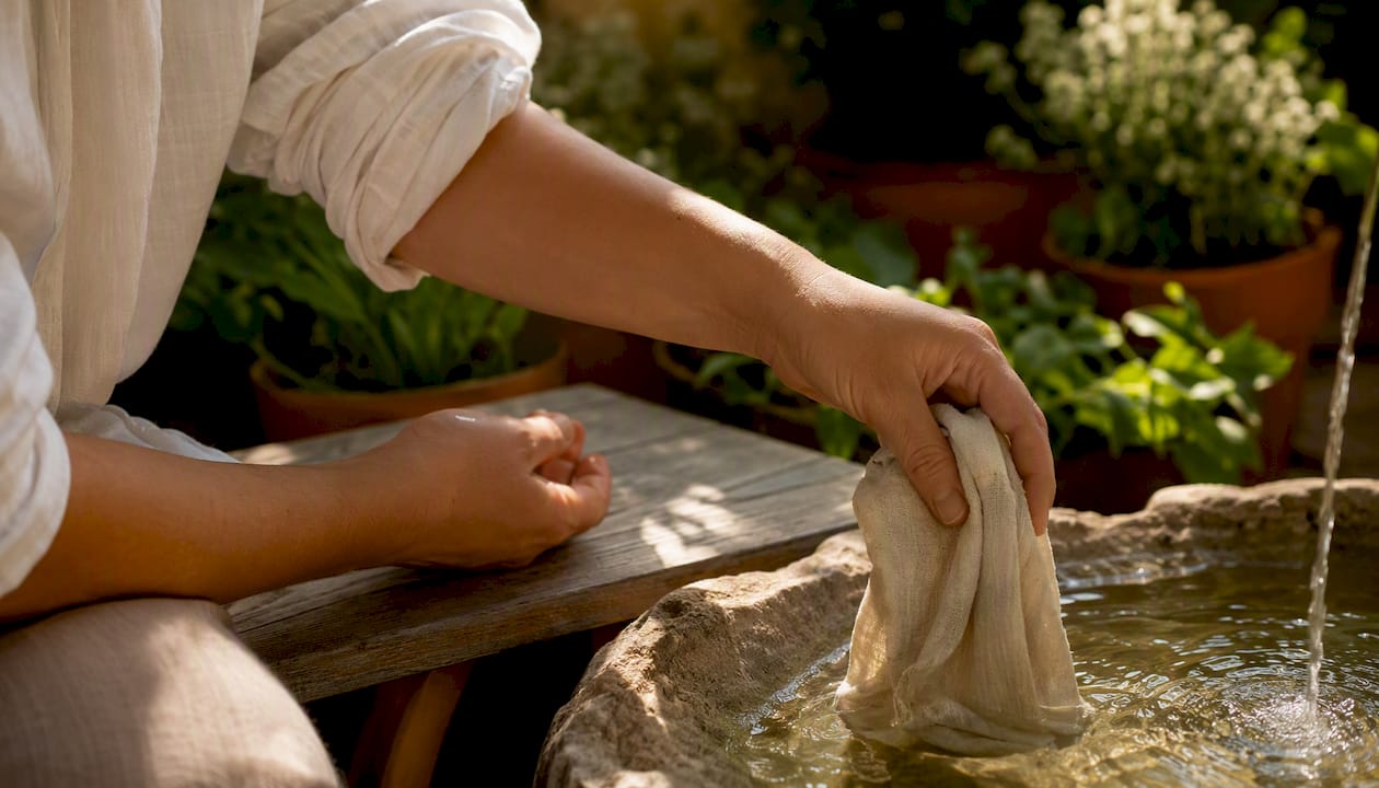 Hand dipping cool cloth for itchy skin relief