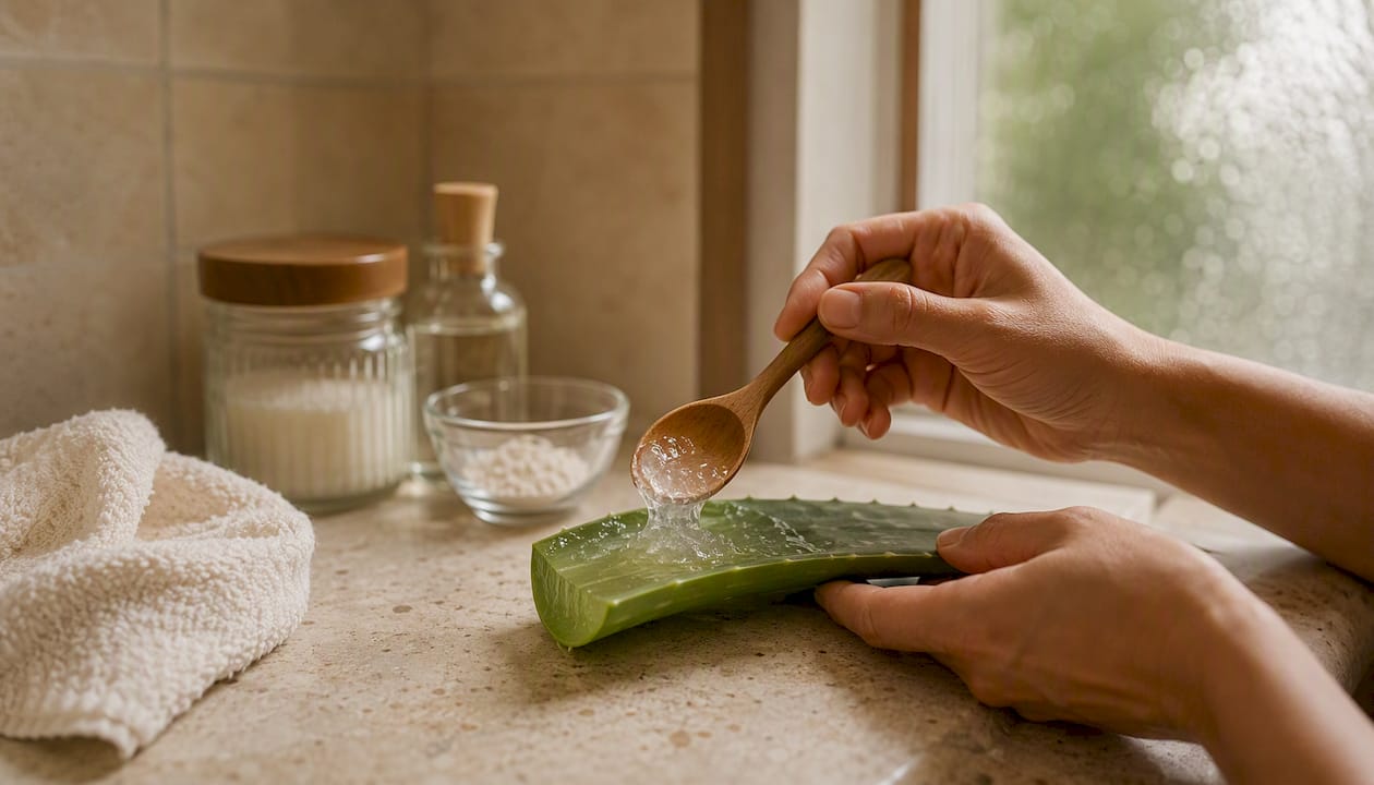 Scooping fresh aloe vera gel from leaf