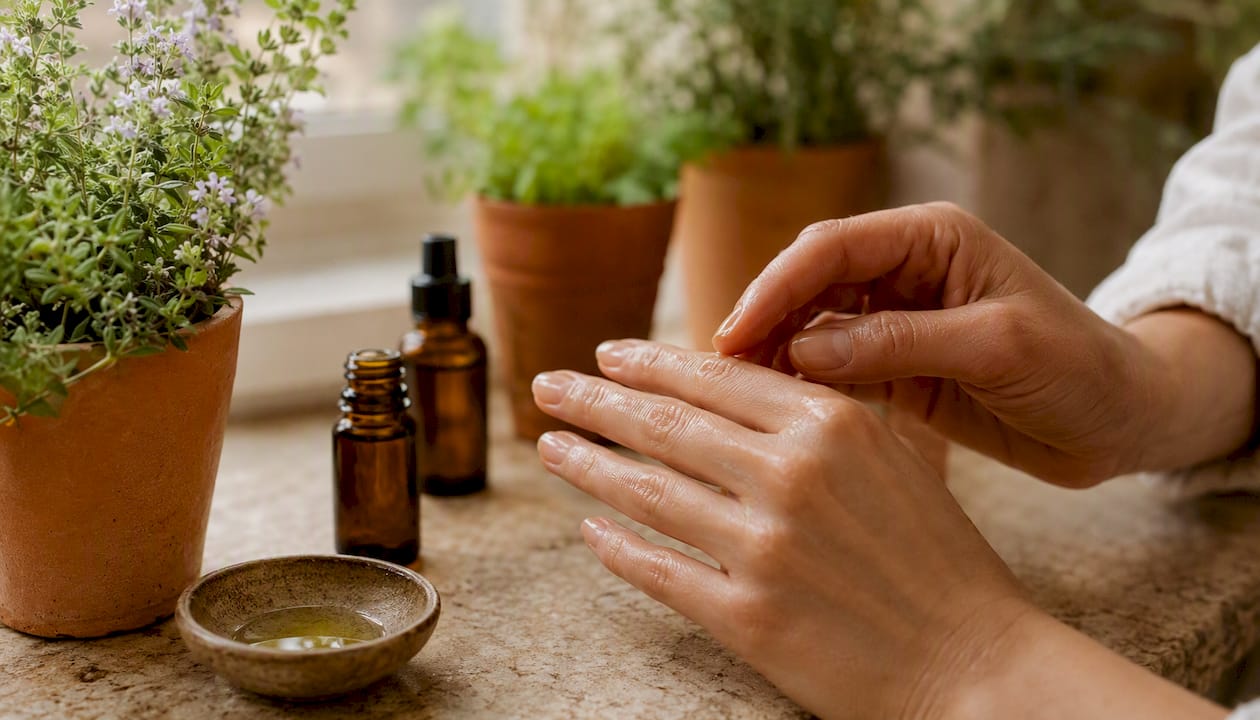 Hands applying essential oil to fingernails