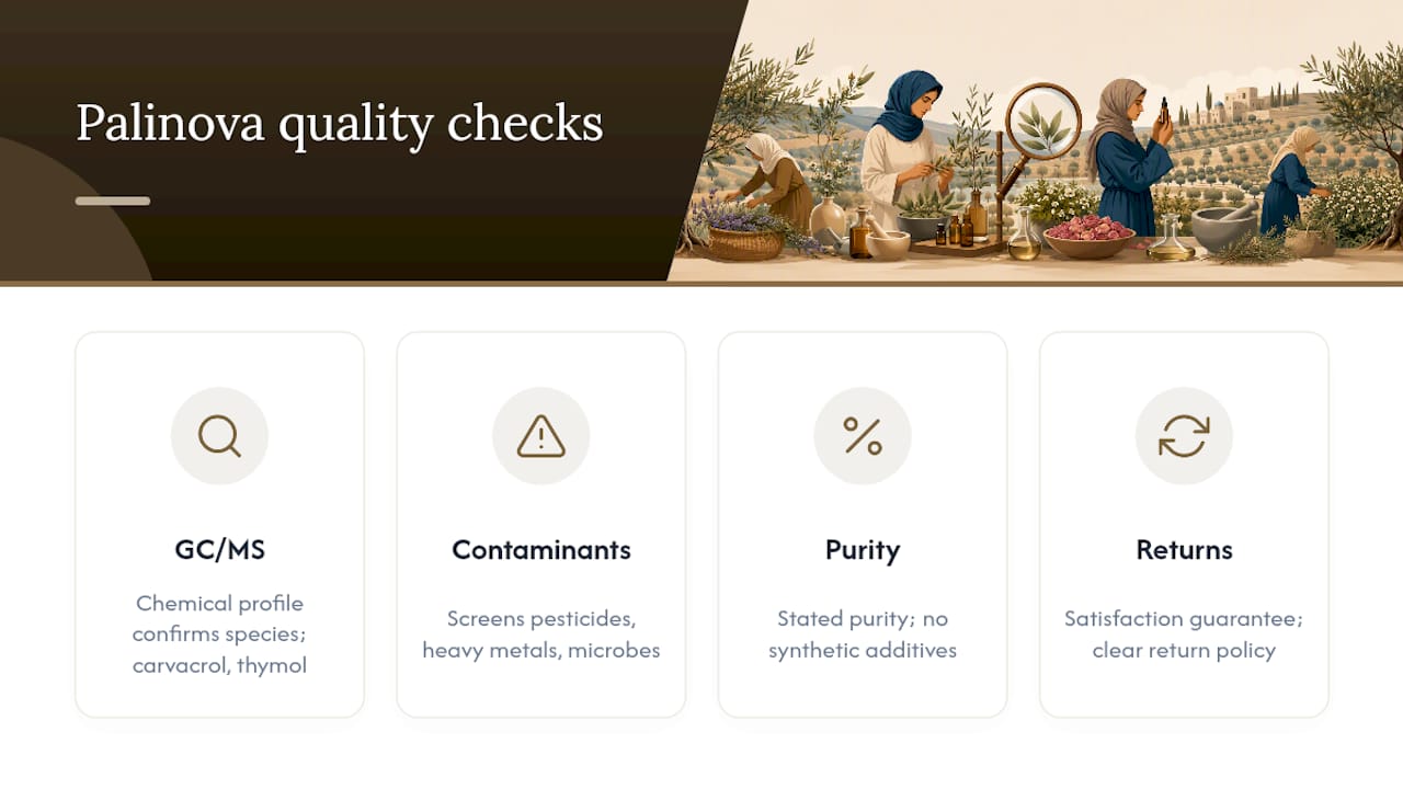 Diagram of quality testing steps for essential oils