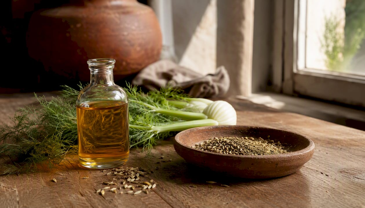 Bottle of fennel seed oil with seeds on wooden table