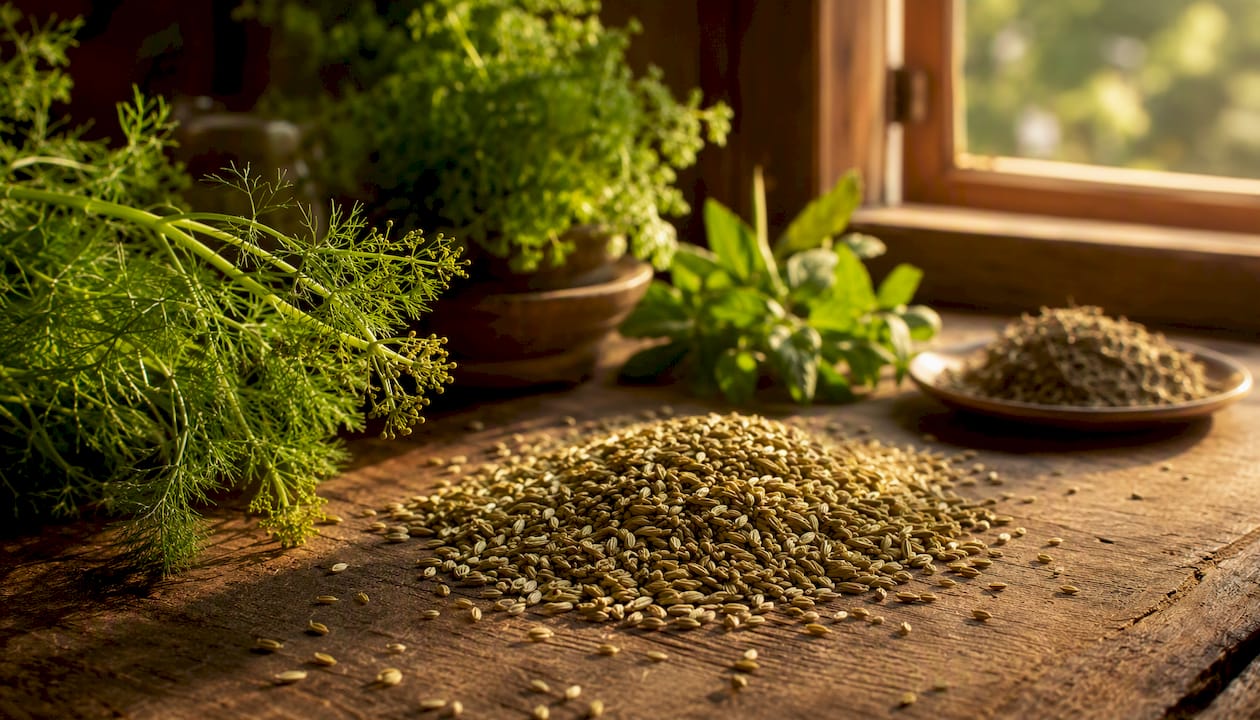 Close-up of fennel seeds and herbs on linen
