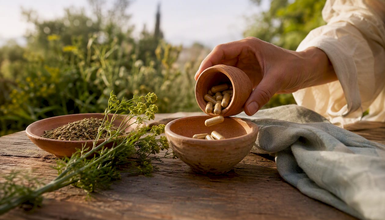 Enteric-coated anise seed oil capsules on rustic table