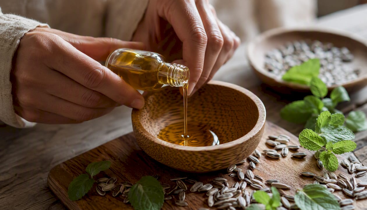 Pouring sunflower seed oil into dish