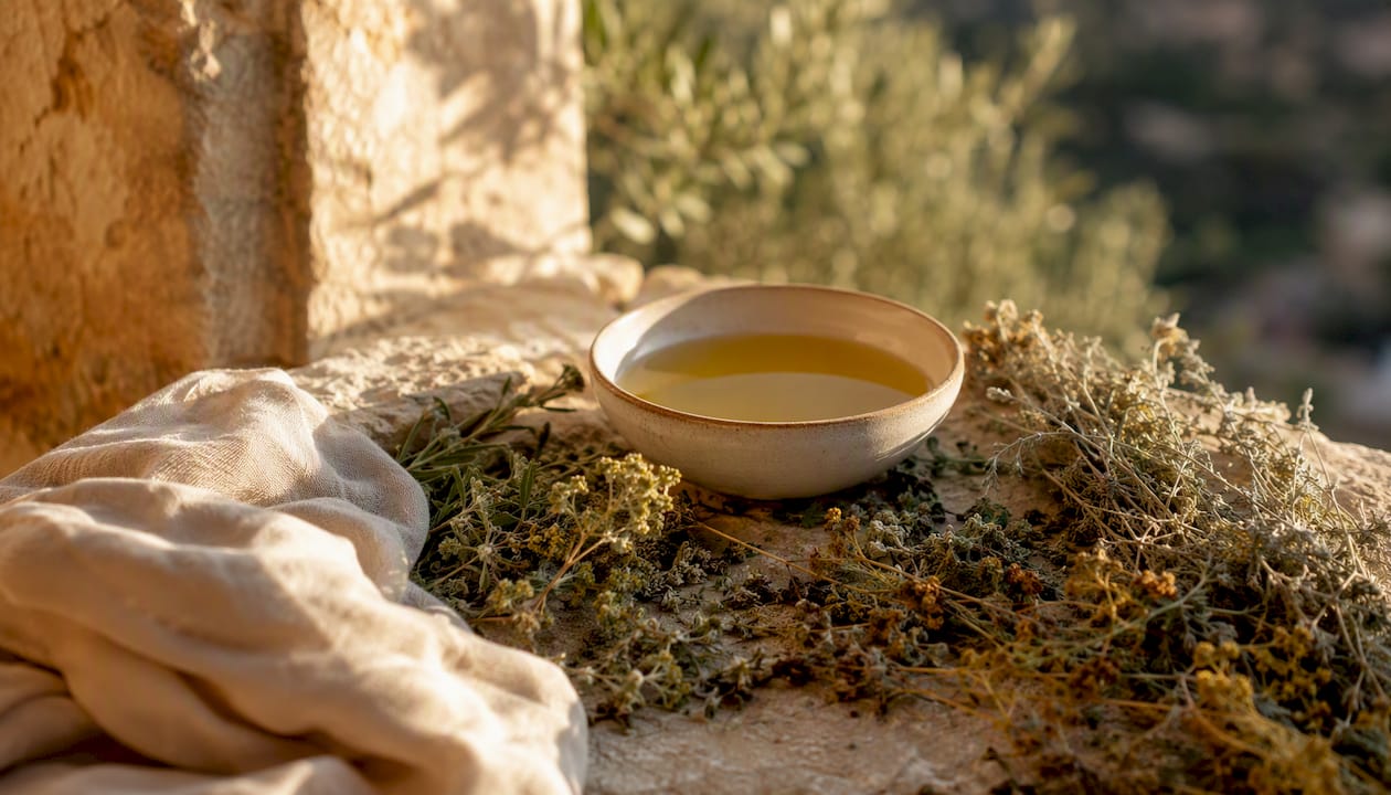 Bowl of botanical oil with dried herbs