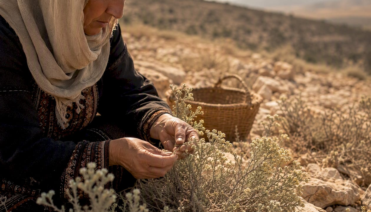 Hand harvesting Achillea fragrantissima in desert
