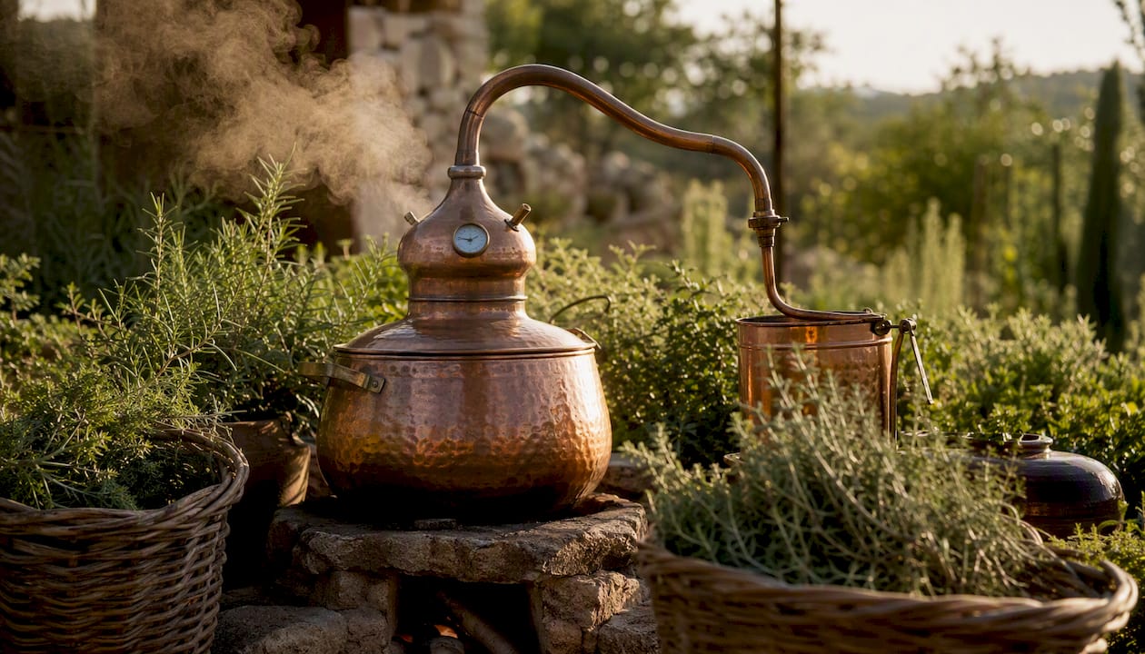 Copper steam distillation pot with steam rising