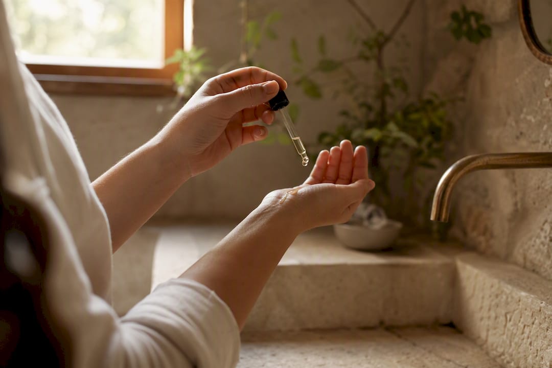 Hand applying essential oil drop to skin