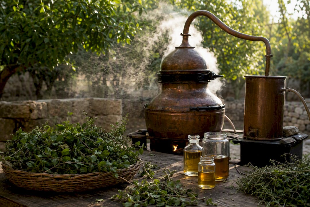 Copper distillation pot with Varthemia iphionoides leaves