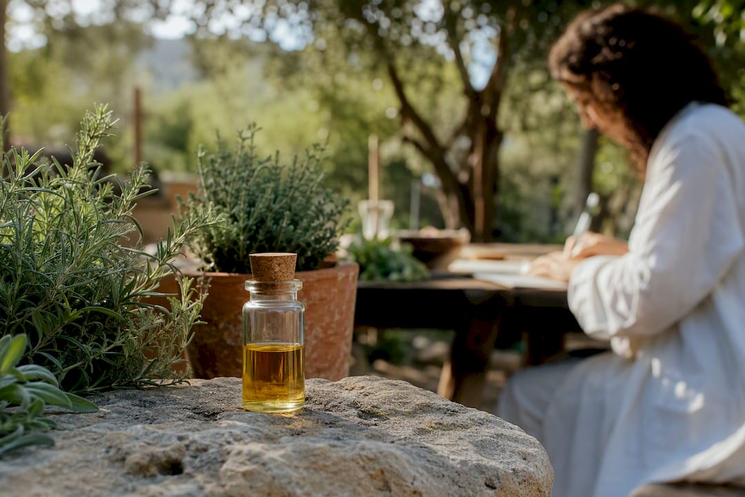 Essential oil vial with quality control lab background
