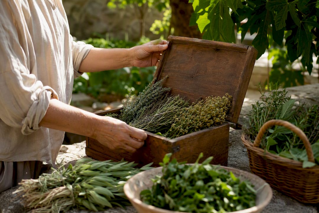 Hands opening copper steam still with herbs