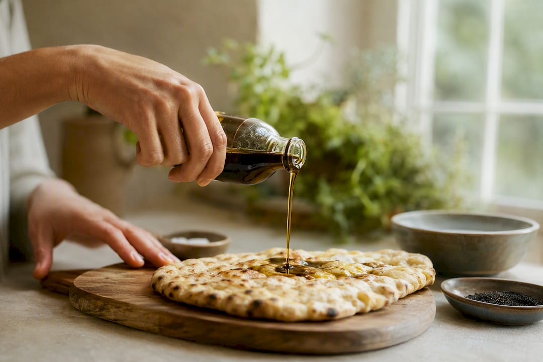 Hands pouring Nigella sativa oil onto food