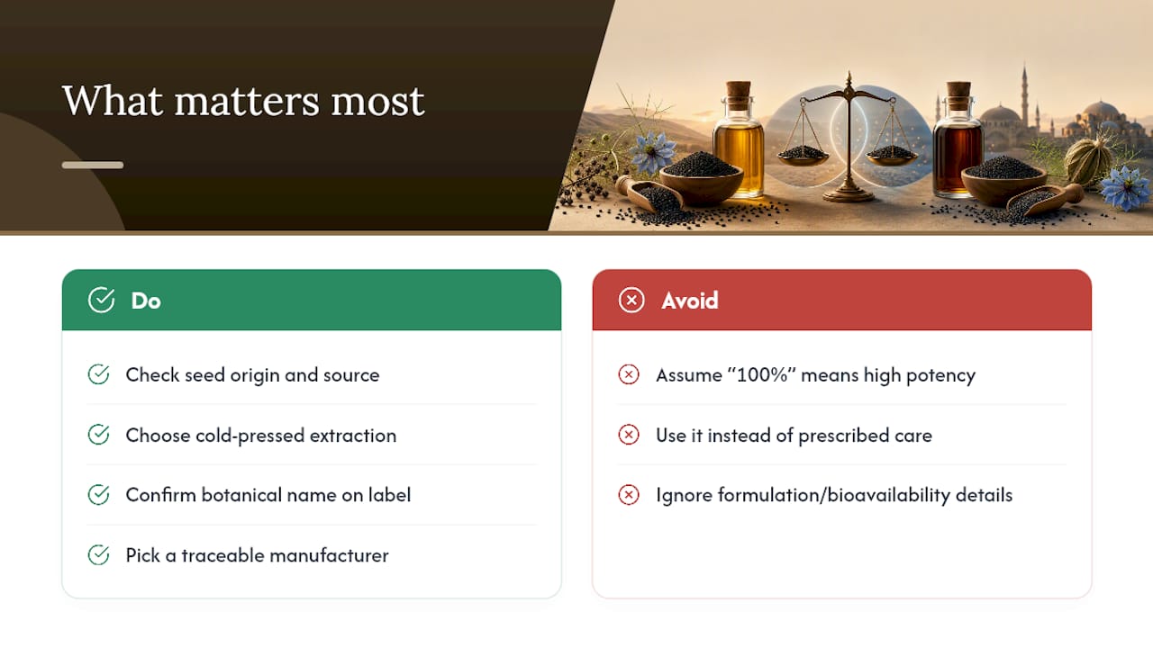 Comparison infographic of thymoquinone variability in Nigella sativa oils