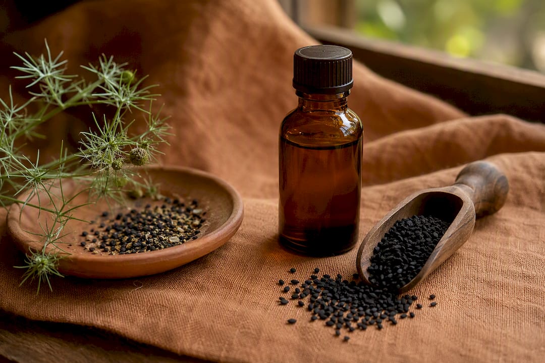 Amber oil bottle with black Nigella sativa seeds