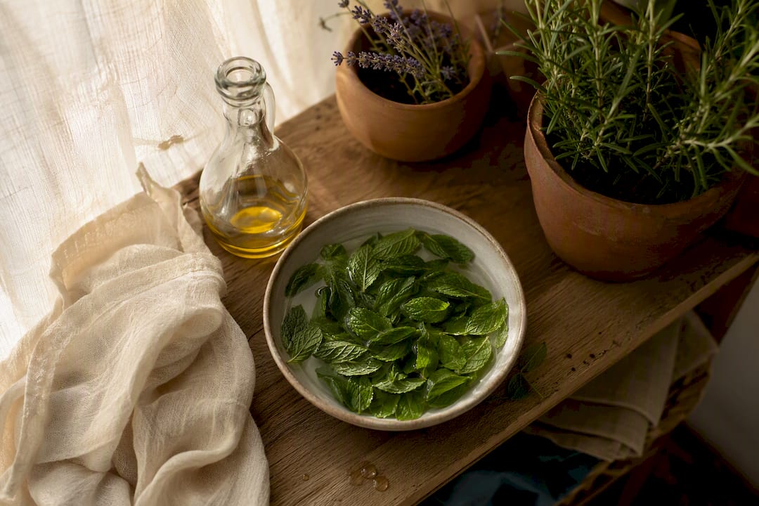 Peppermint leaves and essential oil in spa setting