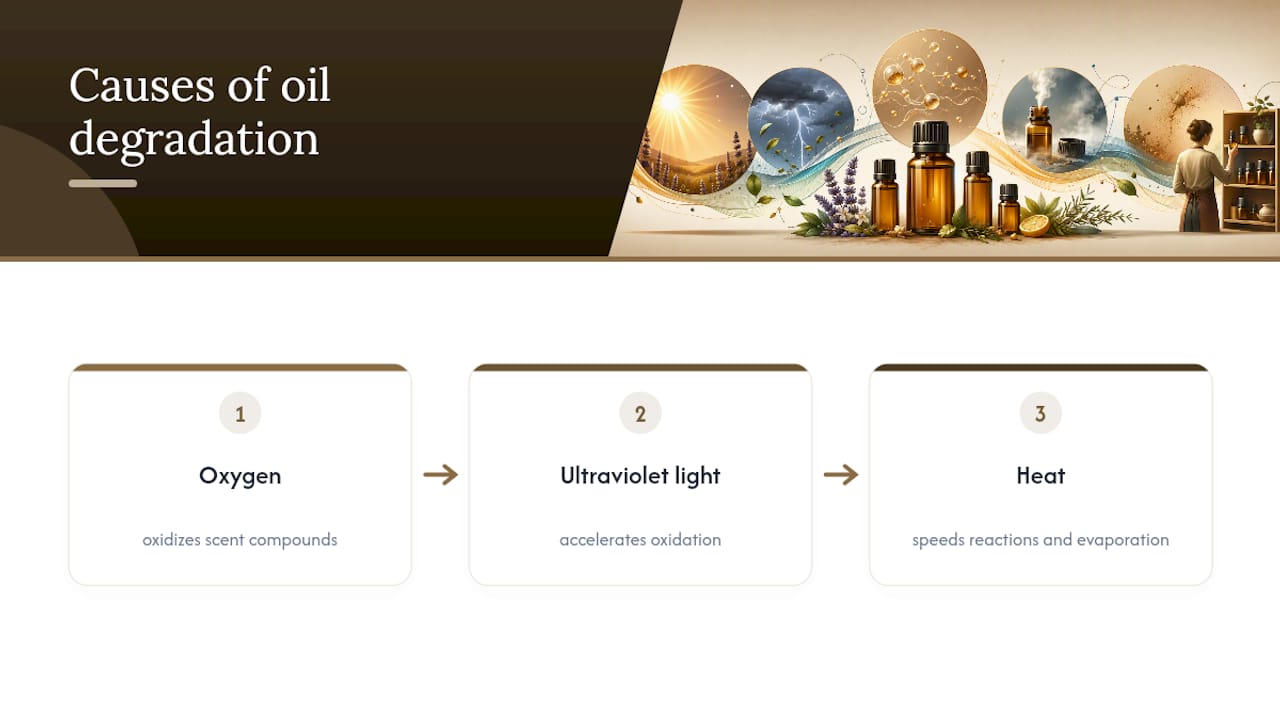 Diagram of oxidation, light, and heat impact on essential oils