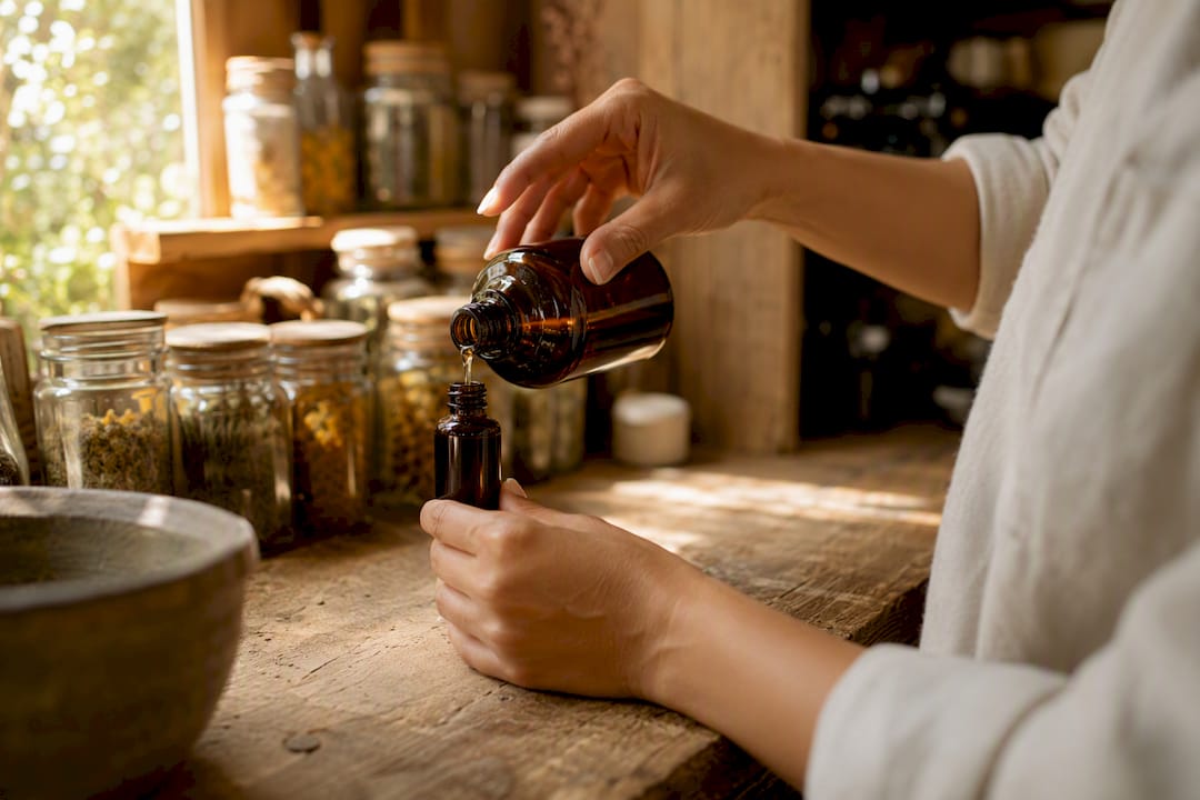 Hands pouring essential oil into small bottle