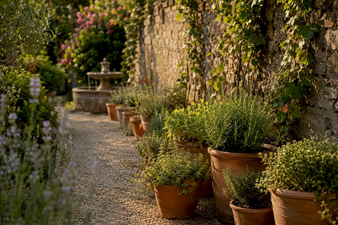 Mediterranean aromatic garden plants in daylight