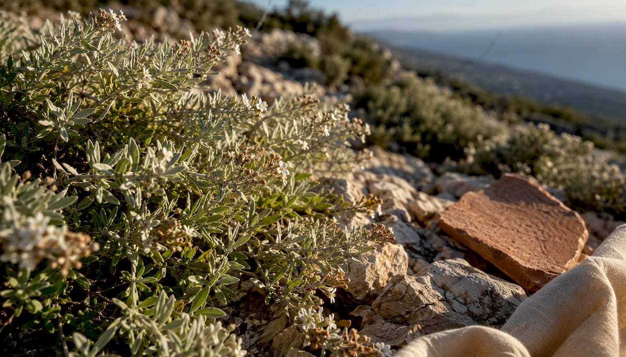 White Zuta flowering shrub on Levant hillside