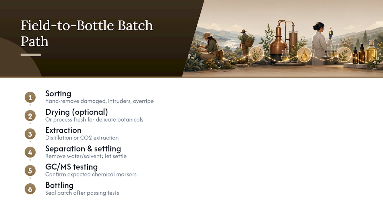 Essential oil production and testing stages