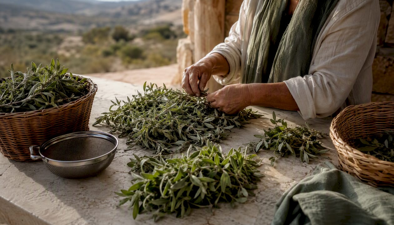Hands sorting freshly collected botanical material