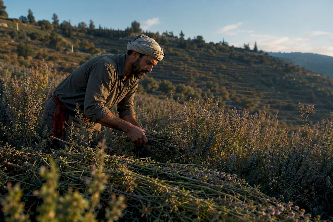 Grower harvesting aromatic plants in late afternoon