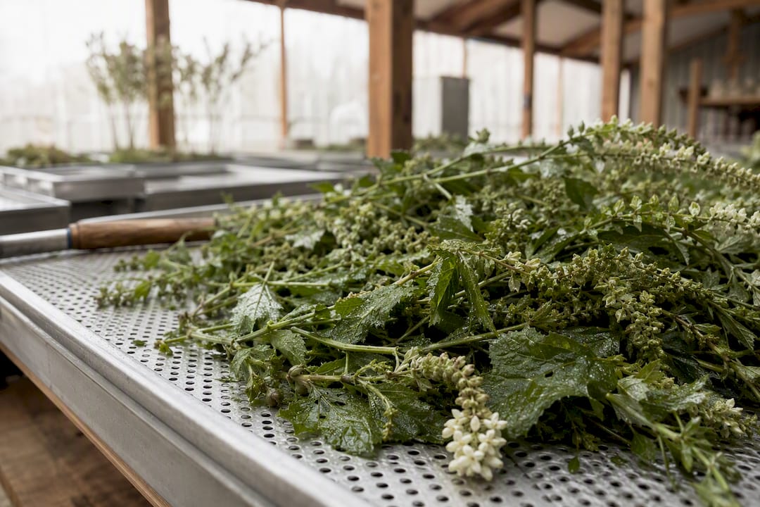 Rain-wet aromatic stems on processing tray