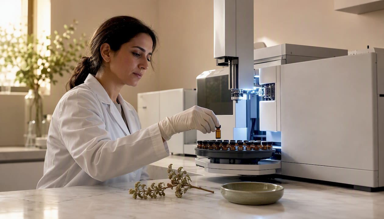 Technician preparing wildcrafted oil for laboratory testing