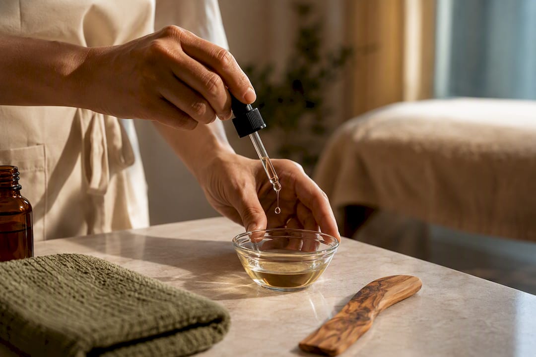 Therapist measuring essential oil for massage