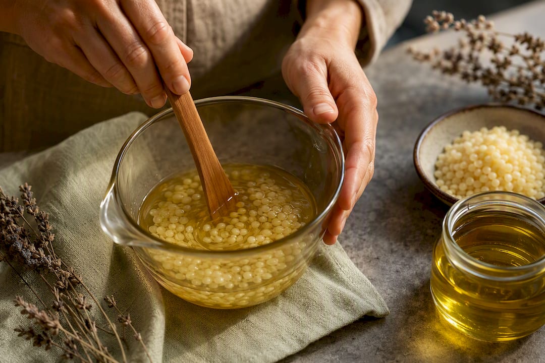 Hands mixing beeswax with botanical oil